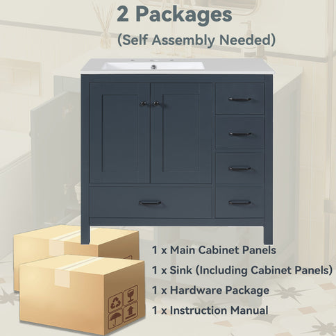Bathroom Vanity With Sink Combo, 2 Soft Close Doors And 5 Drawers