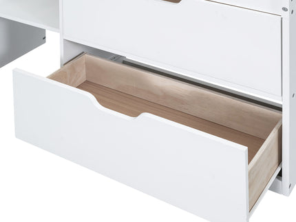 Low Loft Bed With Rolling Desk, Shelf And Drawers