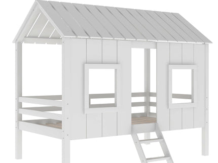 Twin Size Low Loft House Bed With Roof And 2 Front Windows - White