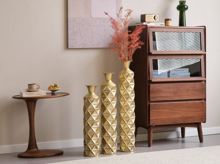 Metal Decorative Vase High Distress Metal Center Vase With 3D Triangle Pattern, (Set of 3) Vases For Home Decoration - Gold