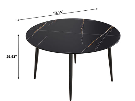 Modern Artificial Stone Round Dining Table With Metal Legs, Can Accommodate 6 People - Black