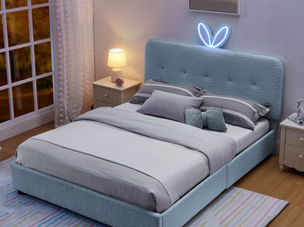 Upholstered Bed With Oversized Rabbit Ear Headboard, LED Lights & 4 Storage Drawers
