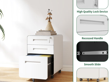 3-Drawer Mobile File Cabinet With Lock, On Casters, Holds A4/Letter Files