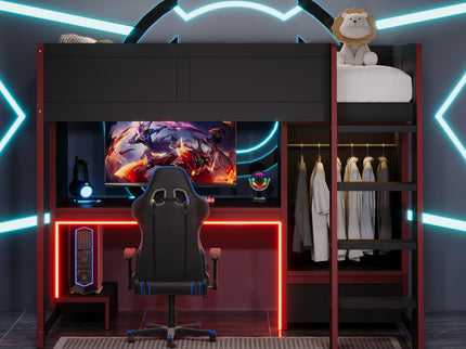 Gaming Loft Bed With Built In Desk, Wardrobe, LED Lighting And Drawer