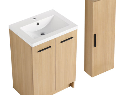 Freestanding Bathroom Vanity Set With Tall Linen Cabinet, Single Sink, Extra Storage, Soft Close Doors - Glossy White / Light Oak
