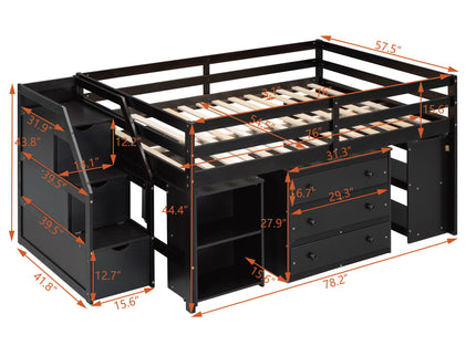 Loft Bed With Retractable Writing Desk And 3 Drawers With Storage Stairs And Shelves