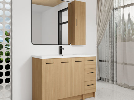 Freestanding Bathroom Vanity Set With Tall Side Cabinet, 3 Drawers And 3 Door Cabinet, Integrated Sink, Large Storage - Glossy White / Light Oak