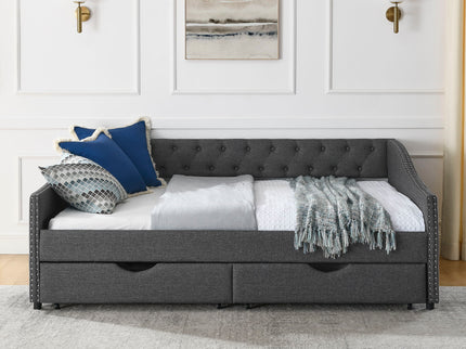 Upholstered Tufted Daybed With Drawers, Waved Arms