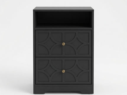 Nightstand With Diamond Carvings Handles, 2 Drawers & Charging Station