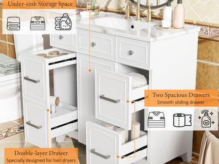 Bathroom Vanity With Ceramic Sink, Soft Close Doors, Adjustable Shelves