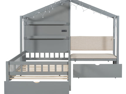 House Bed With Upholstered Sofa, Wireless Charging Station, Shelves And 2 Drawers