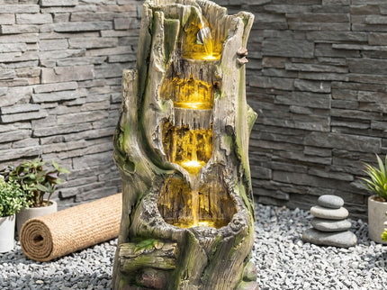 Outdoor Water Fountain, Tree Stump Cascading Fountain With Warm LED Lights - Earthy Yellow