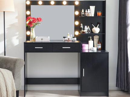 Vanity Desk With Mirror And Lights, 46.4In Dressing Table With 2 Large Drawer & Large Vertical Organizer, 3 Level Dresser & 3 Lighting Modes Adjustable Brightness, Suitable For Bedroom