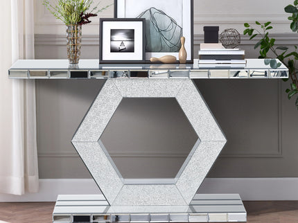 Sparkling Crystal Hexagon Mirror Entryway Premium Modern Foyer Console Table With Diamond Glass Effects, Dual Tier Luxury Sofa Table - Silver