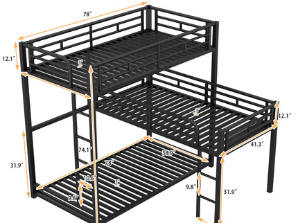 L-Shaped Triple Twin Size Bunk Bed, Industrial Design With Integrated Ladder And Full Length Guardrails - Black