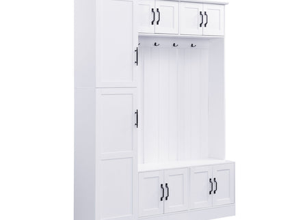 Tall Hall Tree With Shoe Storage, 4 In 1 Entryway Bench With 6 Cabinets, 4 Coat Hooks & Adjustable Shelf For Hallway - White