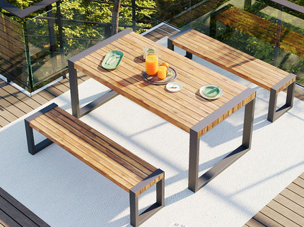 3 Pieces Outdoor Dining Table With 2 Benches, Patio Dining Set With Unique Top Texture, Acacia Wood Top & Steel Frame, All Weather Use, For Outdoor & Indoor - Natural