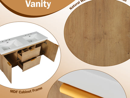 Double Sink Bathroom Vanity Soft Close Doors, Divided Drawers, Wall Mounted - Wood