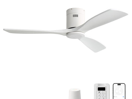 52" Flush Mount Ceiling Fan & Remote, No Light, 3 Blades, 6 Speed DC Motor For Indoor Patio - White