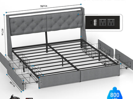 Platform Bed Frame With RGB LED Lights, Charging Station, Storage Headboard & 4 Underbed Drawers