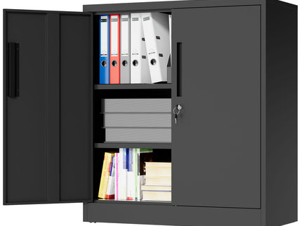 Heavy Duty Storage Cabinet With Lock, 2 Door File Cabinet With 2 Adjustable Shelves - Black