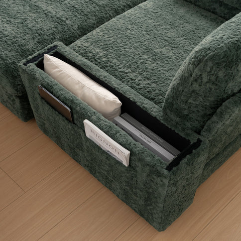 Oversized Chaise Lounge Indoor Rabbit Fur Sofa Bed With Storage Ottoman And Armrests Cup Holders With Deep Seat
