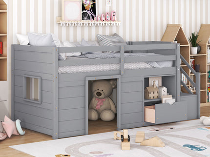 Low Loft Bed With Stair, Drawer, And Shelf