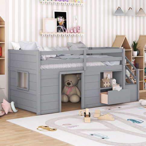 Low Loft Bed With Stair, Drawer, And Shelf
