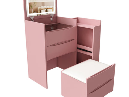 Flip Mirror Vanity Desk With Adjustable LED Lights & Stool For Bedroom