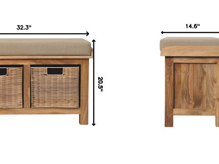 Rattan Basket Linen Bench - Brown