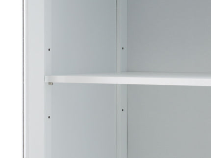 Tall Bathroom Storage Cabinet With Glass Doors, Free-Standing, Two Drawers, And Adjustable Shelves, Board, Painted Perfect For Displaying Your Favorite Items