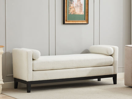Elegant Upholstered Bench, Daybed, Ottoman With Wood Legs & Bolster Pillows - Ivory Boucle
