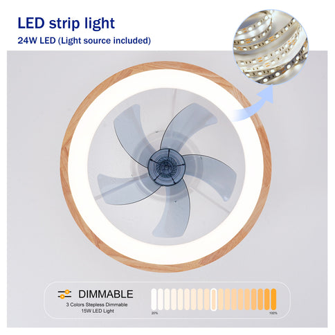 Ceiling Fans With LED Light Source And Remote Control, 3000 - 6500K Dimmable, 6 Speeds, Quiet DC Motor For Living Room - Natural Wood / White
