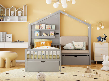 House Bed With Upholstered Sofa, Wireless Charging Station, Shelves And 2 Drawers