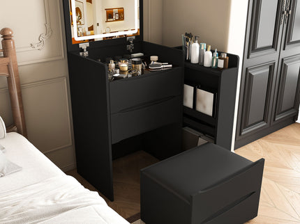 Flip Mirror Vanity Desk With Adjustable LED Lights & Stool For Bedroom