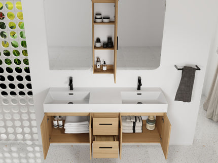 Floating Double Sink Bathroom Vanity Set With Tall Linen Cabinet, Drawers And Doors, Extra Large Storage, Integrated Sink, Soft Close Hardware - Glossy White / Light Oak