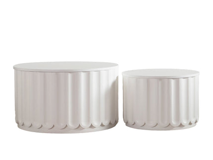 Round Storage Table Set With Lift Off Lid, Nesting Design, Elegant Curved Edge Shape For Living Room - Cream White