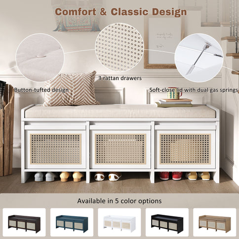 Entryway Shoe Bench With Drawers & Button Tufted Cushion