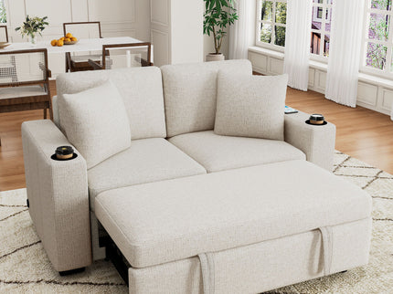 Modern 2 Seater Loveseat Sofa With Pull-Out Bed, Fabric, Built-In USB Ports & Cup Holders