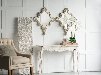 Artistic Diamond Scrollwork Mirror, Home Accent Mirror For Living Room, Entryway, Bedroom, Office - Antique White