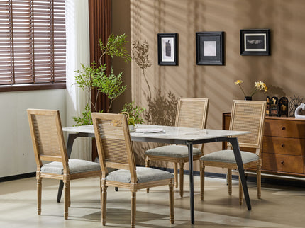 French Country Dining Chair With Rectangular Cane Backrest And Smooth Upholstered Seating