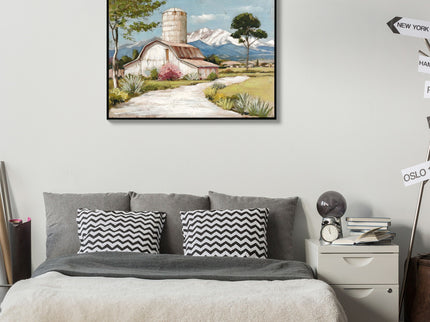 Framed Canvas Wall Art Beautiful Field Painting Wildflower Barn Print Nature Scenery Picture For Home - Blue / Pink
