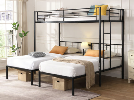 Twin Over Twin Over Twin Triple Bunk Bed With Safety Rails And Storage Shelf - Black