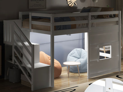 Loft Bed With Storage Staircase, Window & LED Light
