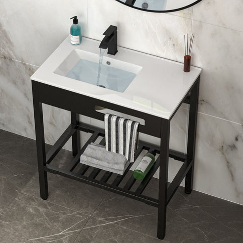 Console Sink With Legs, 32" X 18.5", Durable Porcela With Support - White / Black