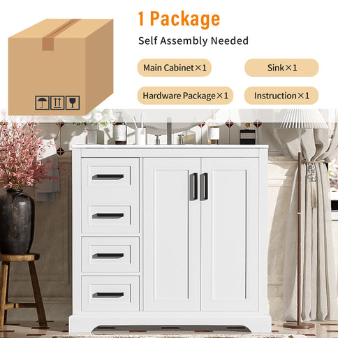 Bathroom Vanity With Sink, Soft Close Doors, Adjustable Shelf & 3 Drawers