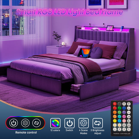 King Upholstered Bed Frame With 4 Storage Drawers, RGB LED Lights & USB / Type-C Charging Station, No Box Spring Needed - Gray