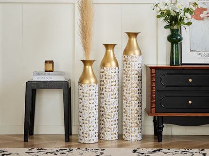 Mother's Day Gift Set Gilded White 3D Relief Flower Metal Vase Set - White / Gold