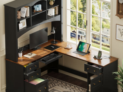 Space Saving L-Shaped Computer Desk With Keyboard Tray & Charging Stations