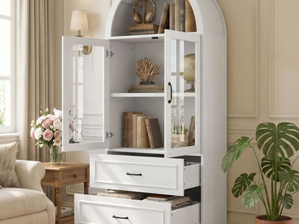 Arched Top Storage Cabinet With Fixed 2 Tier Shelves, 2 Large Drawers